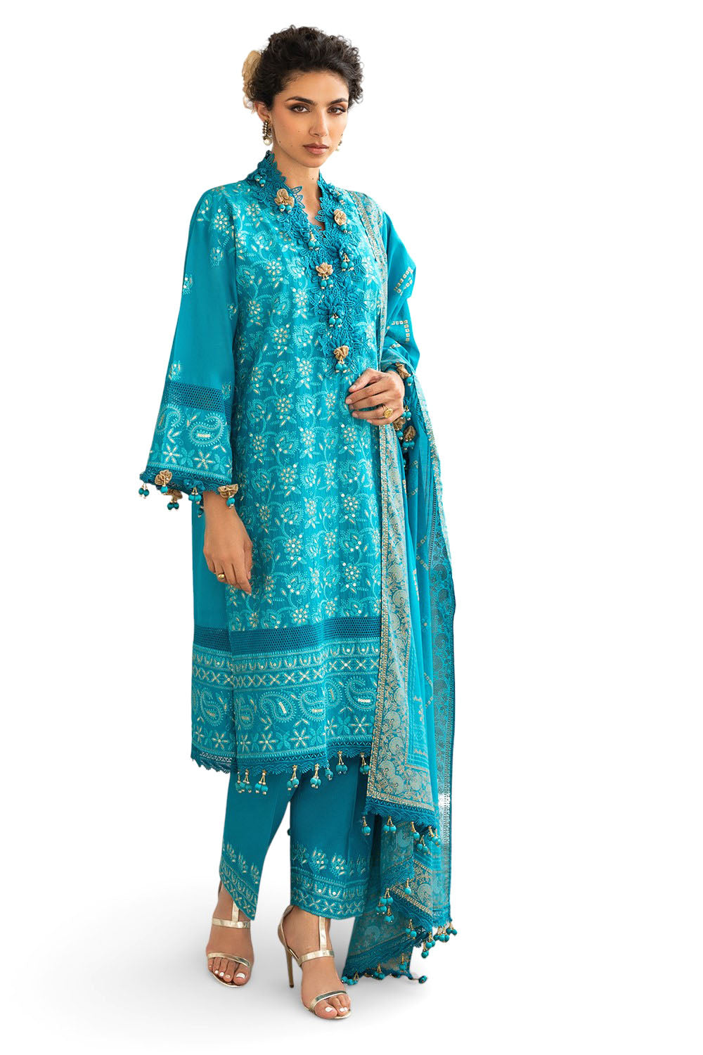 3 Piece Zari & Sequins Embroidered Lawn Suit with Gold & Lacquer Printed Dupatta