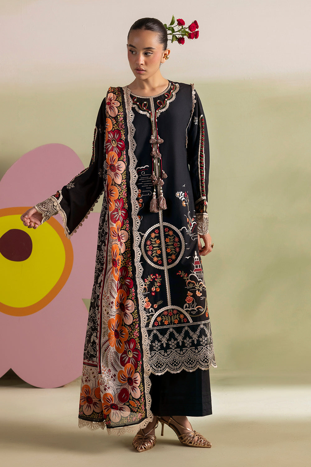 3 Piece Embroidered Lawn Suit with Printed Lawn Dupatta and Embroidered Trouser Border
