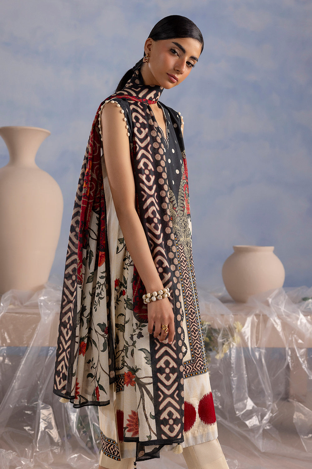 3 Piece Embroidered Printed Cotton Suit with Printed Lawn Dupatta