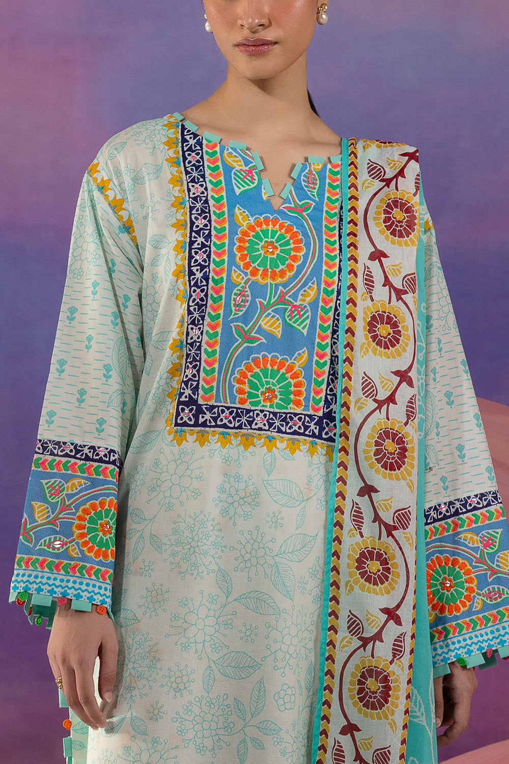 3 Piece Embroidered Printed Cotton Suit with Printed Lawn Dupatta and Printed Trouser