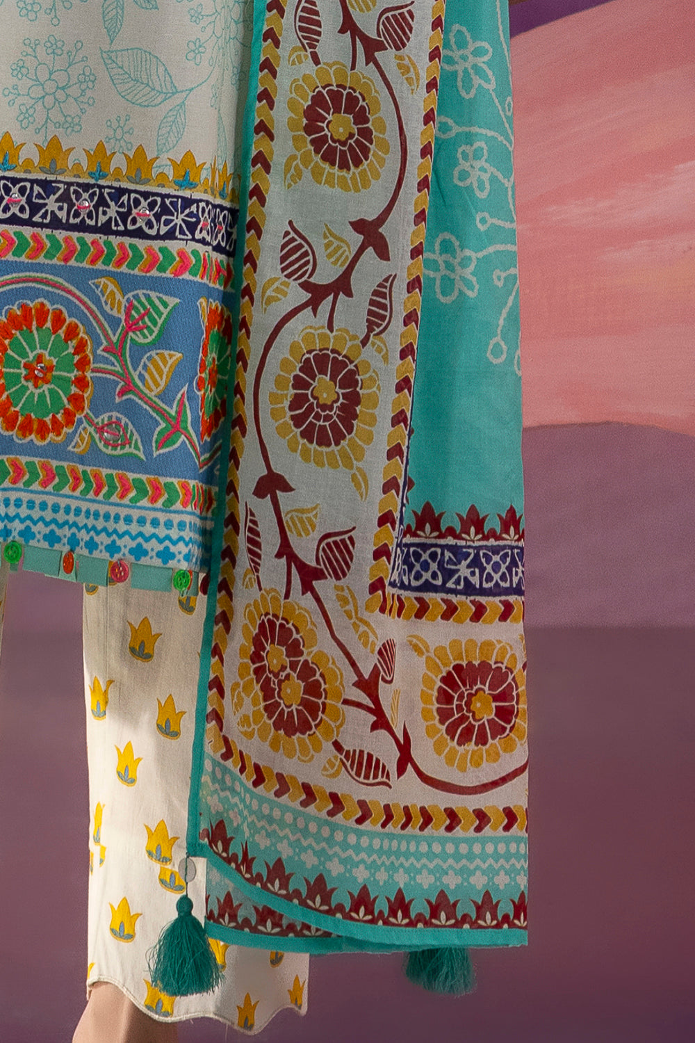 3 Piece Embroidered Printed Cotton Suit with Printed Lawn Dupatta and Printed Trouser