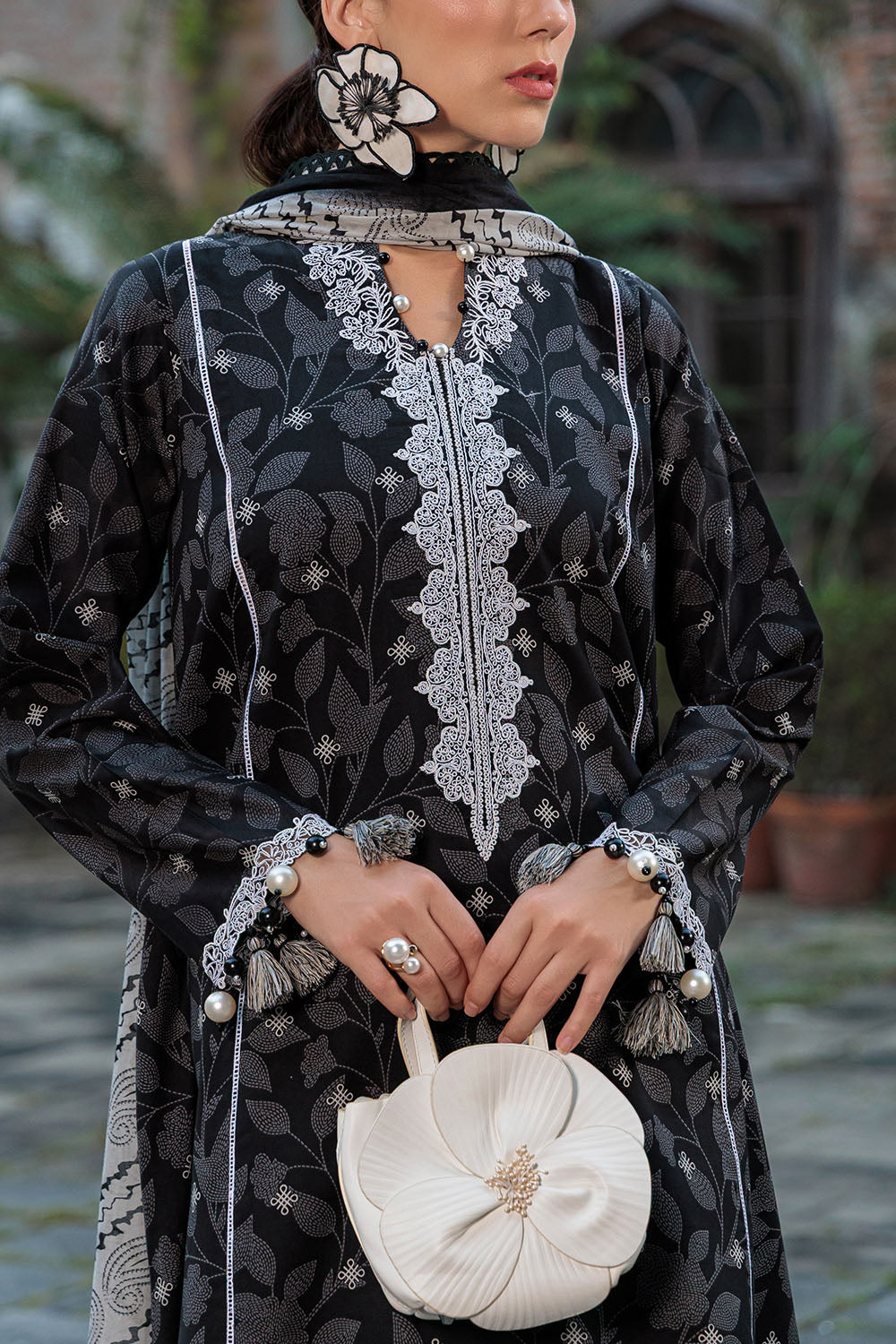 3 Piece Printed Lawn Suit With Embroidered Neckline, Borders And Lace