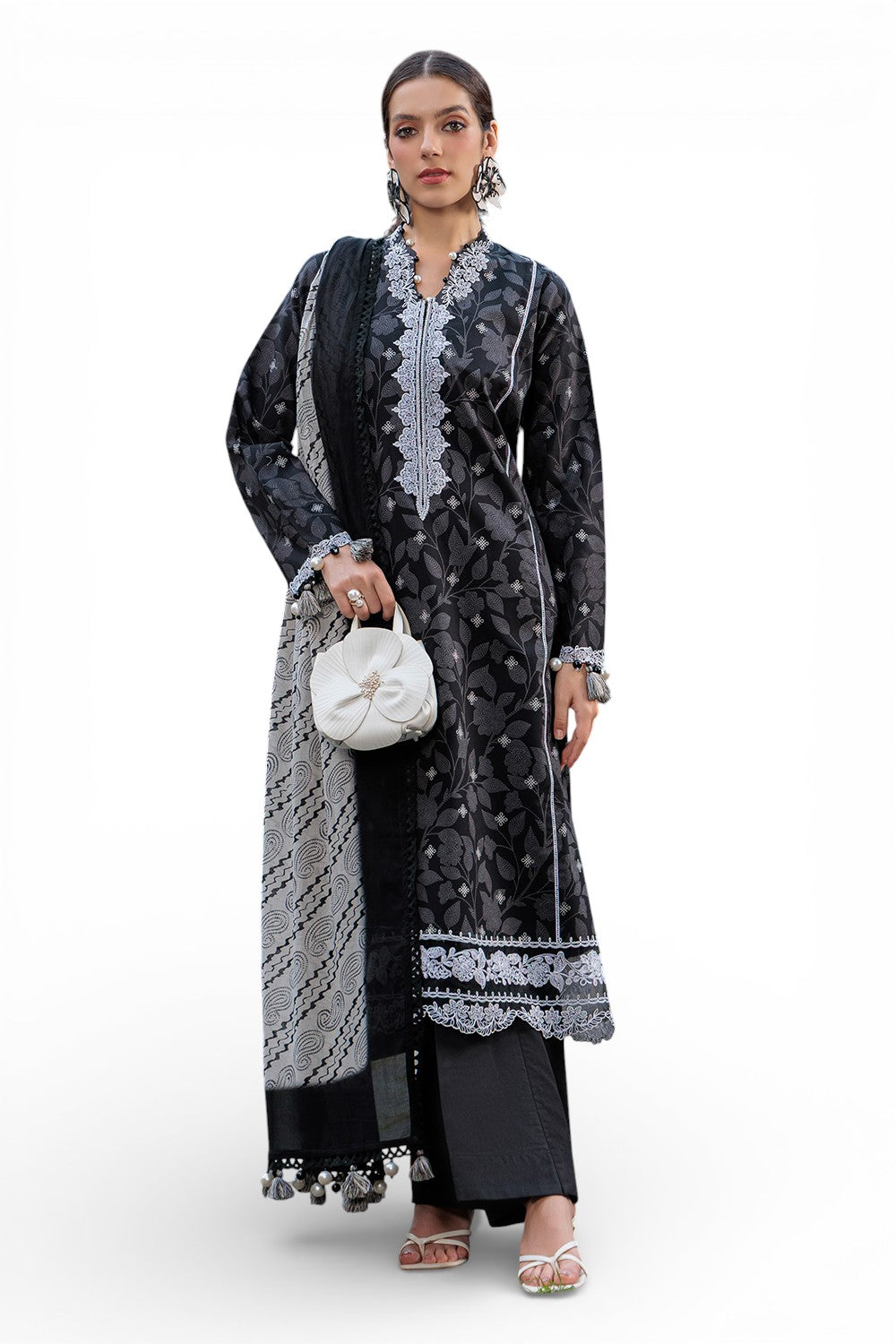 3 Piece Printed Lawn Suit With Embroidered Neckline, Borders And Lace