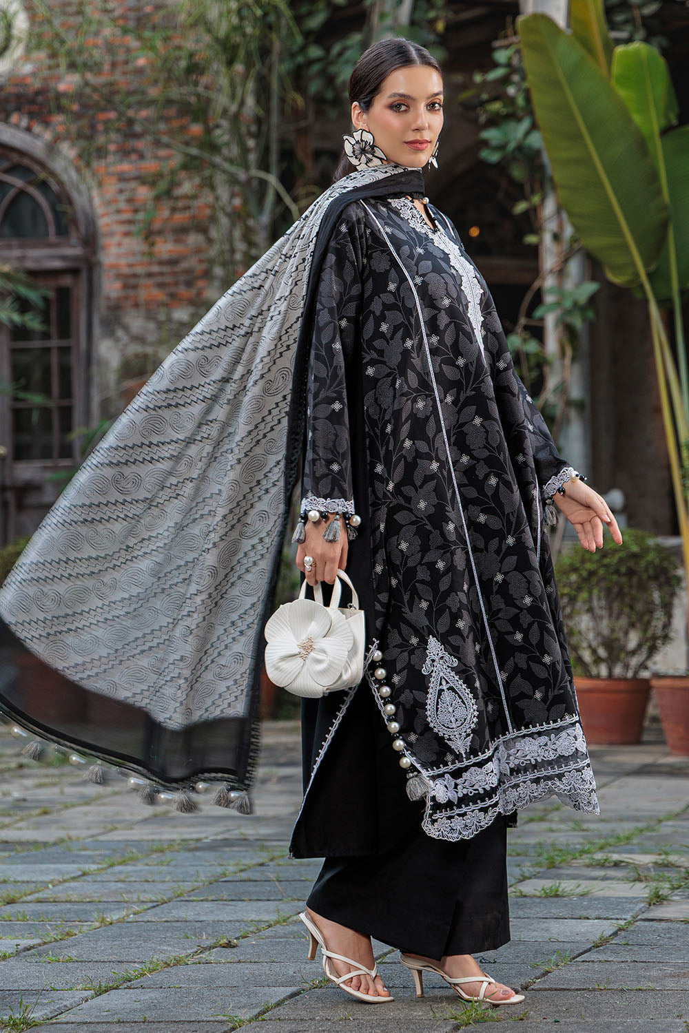 3 Piece Printed Lawn Suit With Embroidered Neckline, Borders And Lace