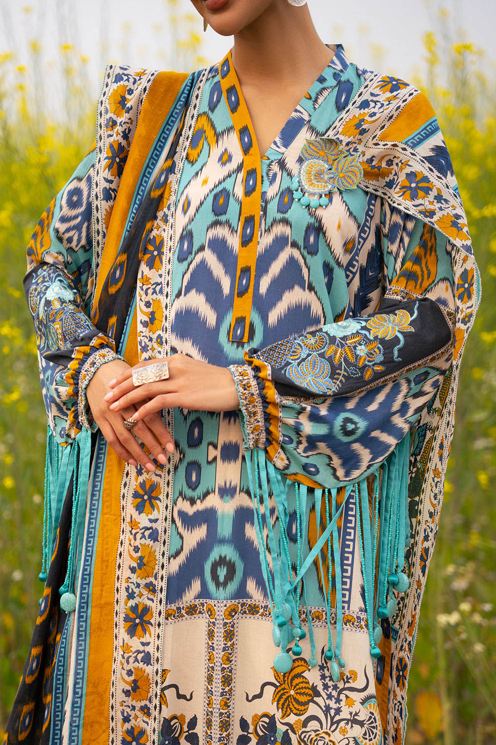 3 Piece Printed Lawn Suit With Embroidered Sleeves