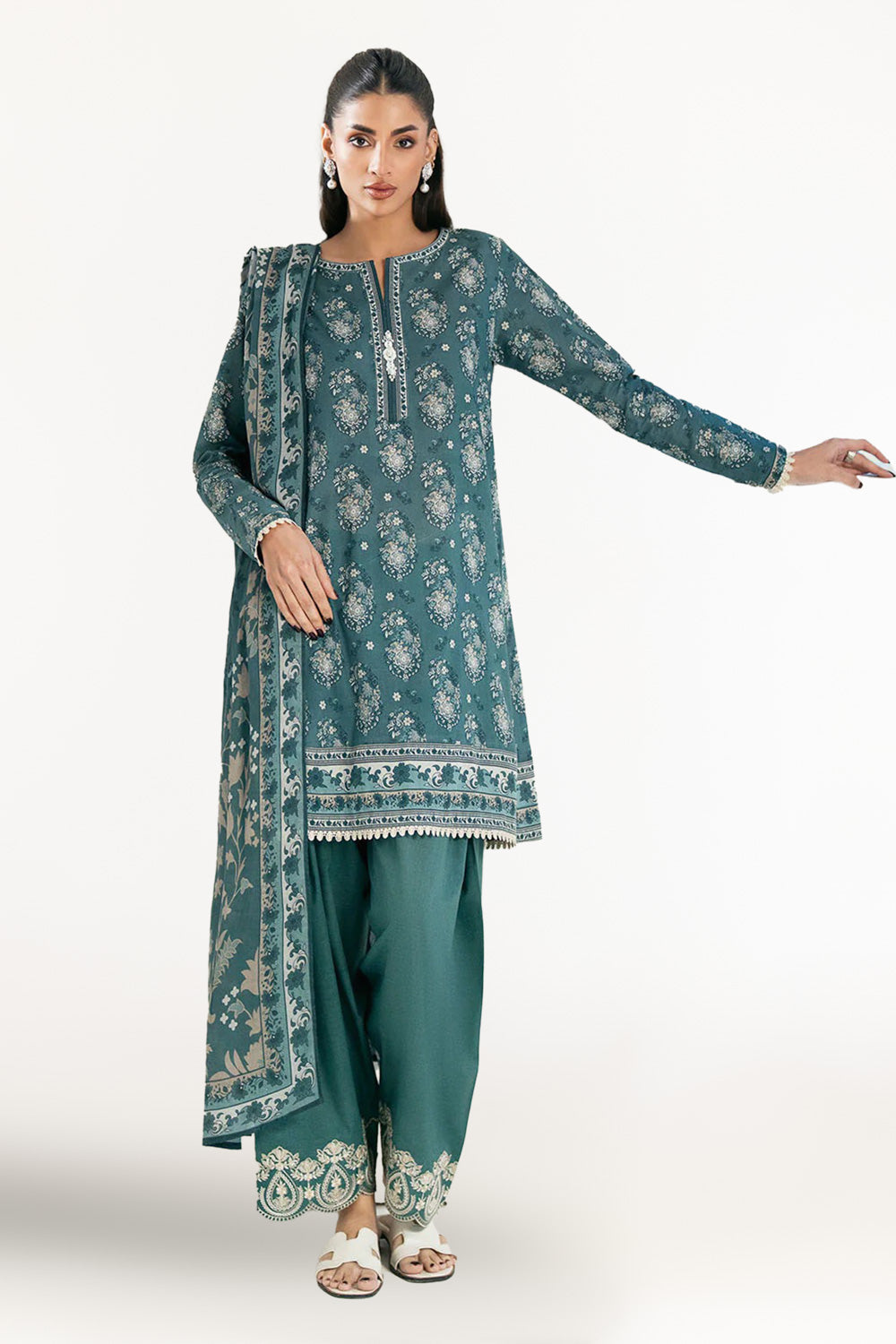 3 Piece Printed Lawn Suit with Embroidered Trouser Border
