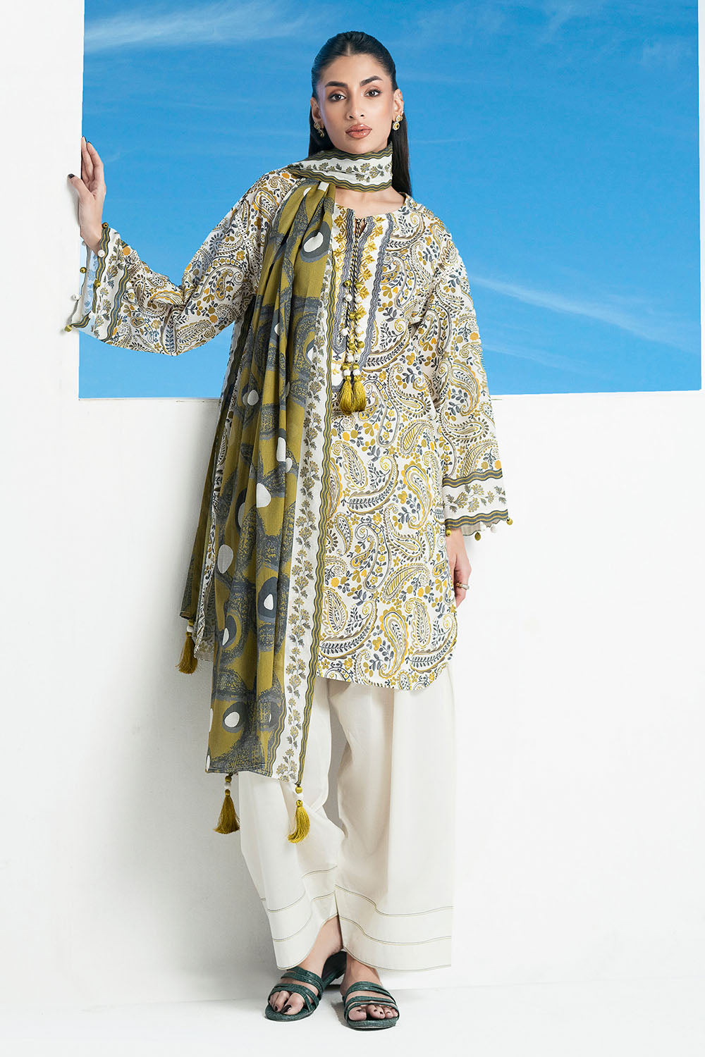3 Piece Printed Lawn Suit with Embroidered Organza Neckline