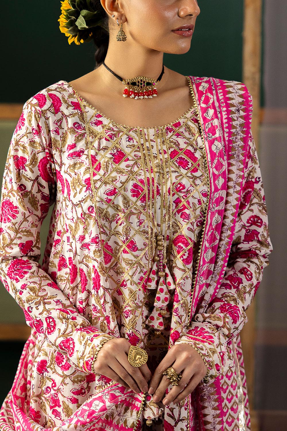 3 Piece Gota Embroidered Lawn Suit with Printed Lawn Dupatta
