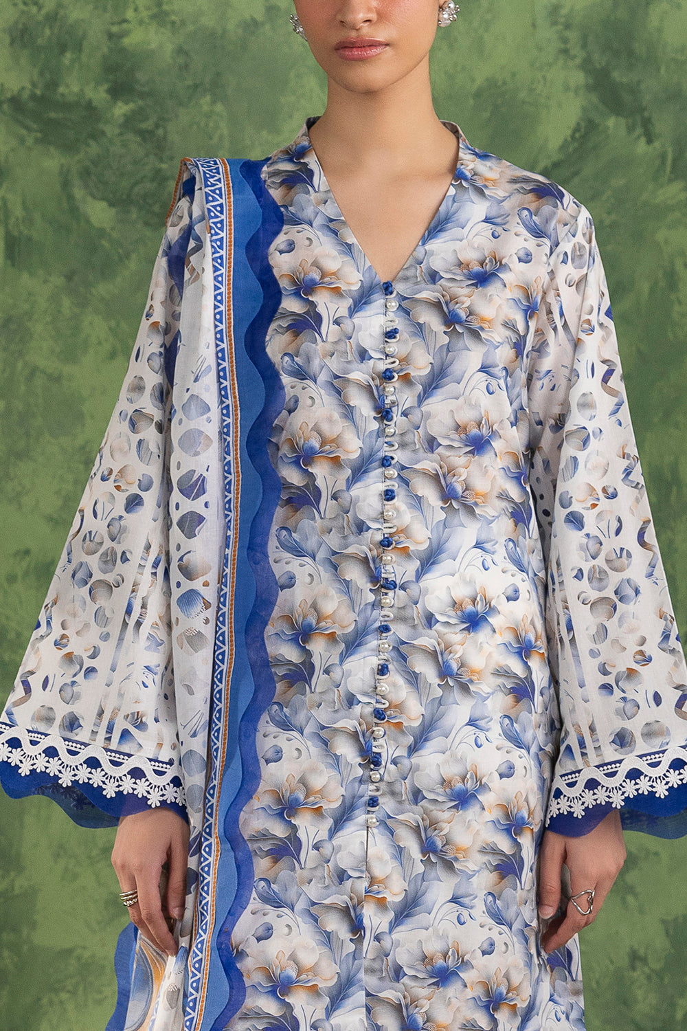 3 Piece Printed Cotton Suit with Printed Lawn Dupatta and Embroidered Trouser Border