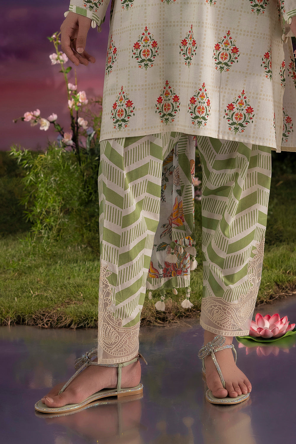 3 Piece Printed Cotton Suit with Printed Lawn Dupatta and Embroidered Sleeves