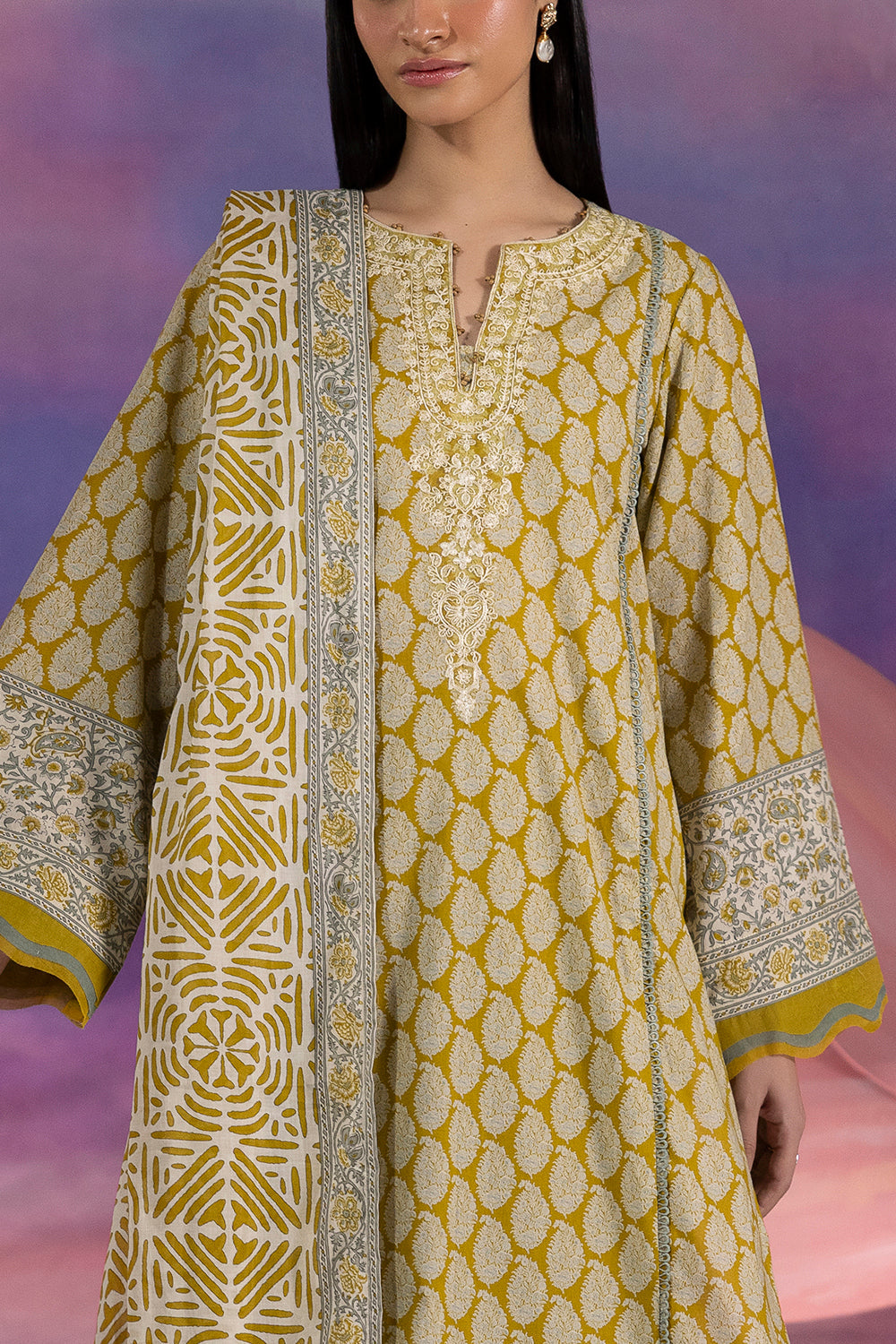 3 Piece Printed Cotton Suit with Printed Lawn Dupatta and Embroidered Neckline