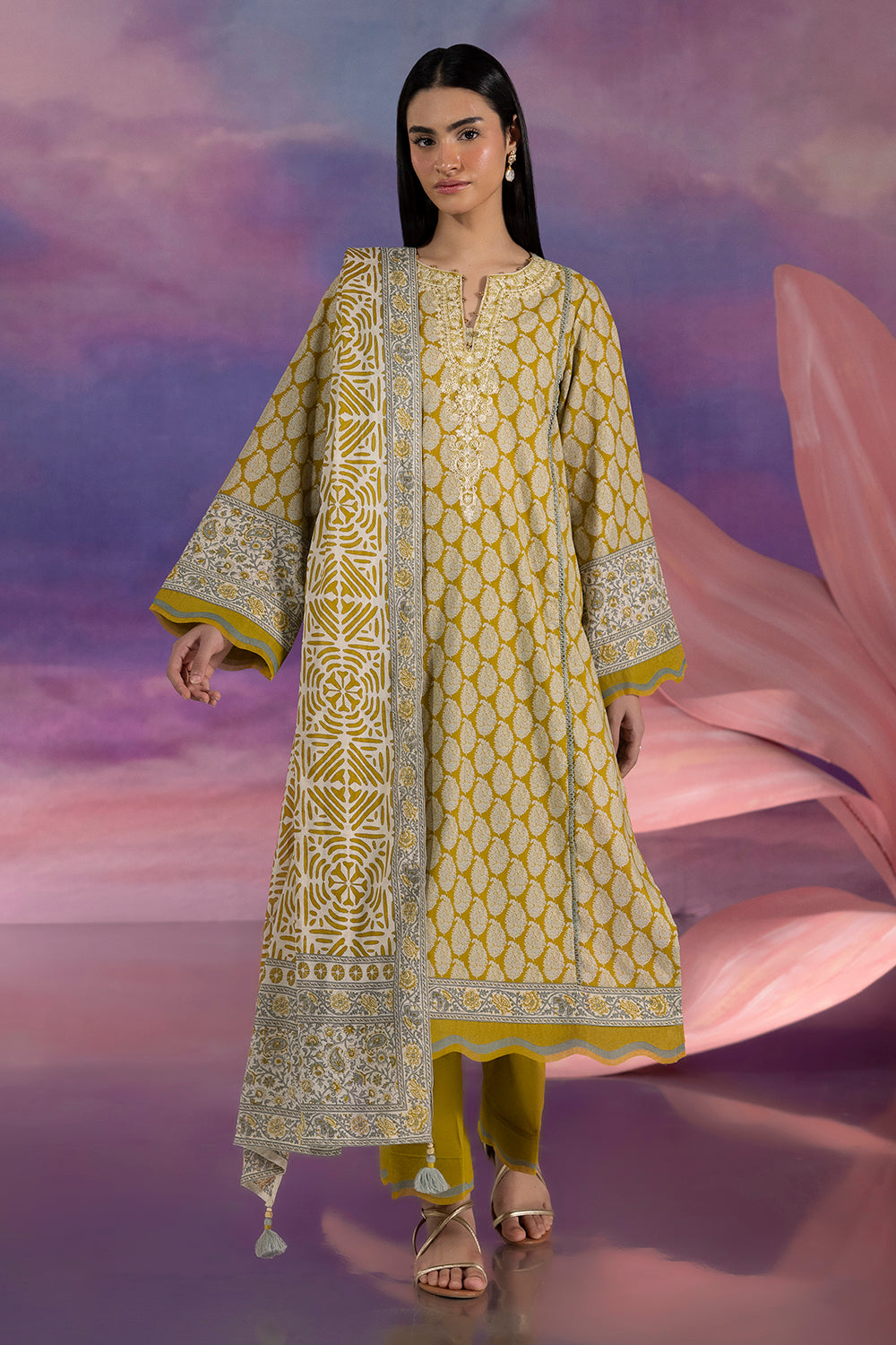 3 Piece Printed Cotton Suit with Printed Lawn Dupatta and Embroidered Neckline