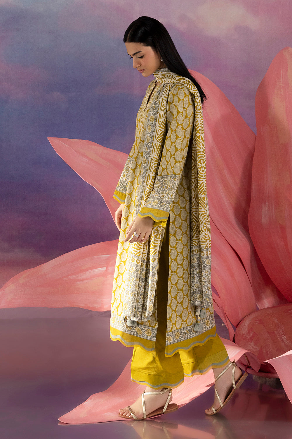 3 Piece Printed Cotton Suit with Printed Lawn Dupatta and Embroidered Neckline