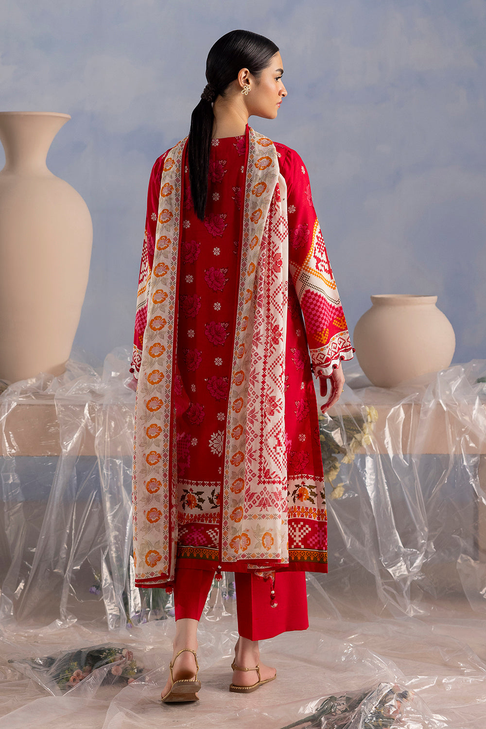 3 Piece Printed Cotton Suit with Printed Lawn Dupatta and Embroidered Neckline