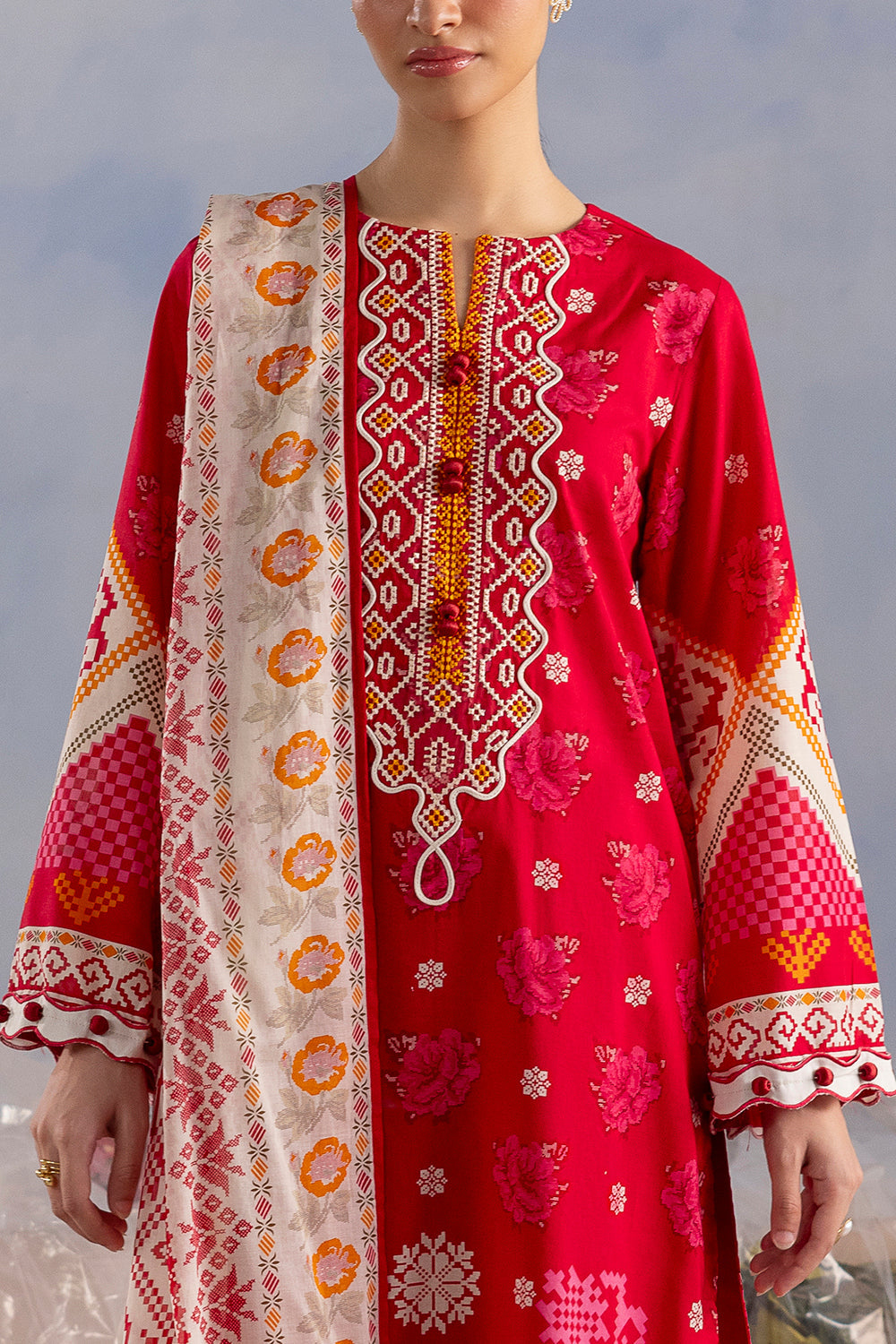 3 Piece Printed Cotton Suit with Printed Lawn Dupatta and Embroidered Neckline