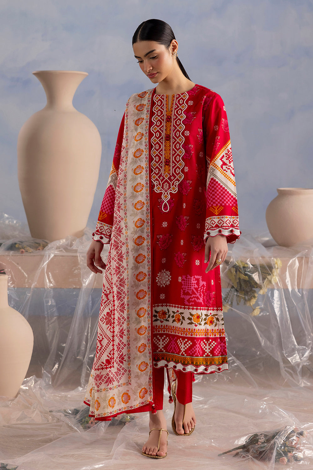 3 Piece Printed Cotton Suit with Printed Lawn Dupatta and Embroidered Neckline