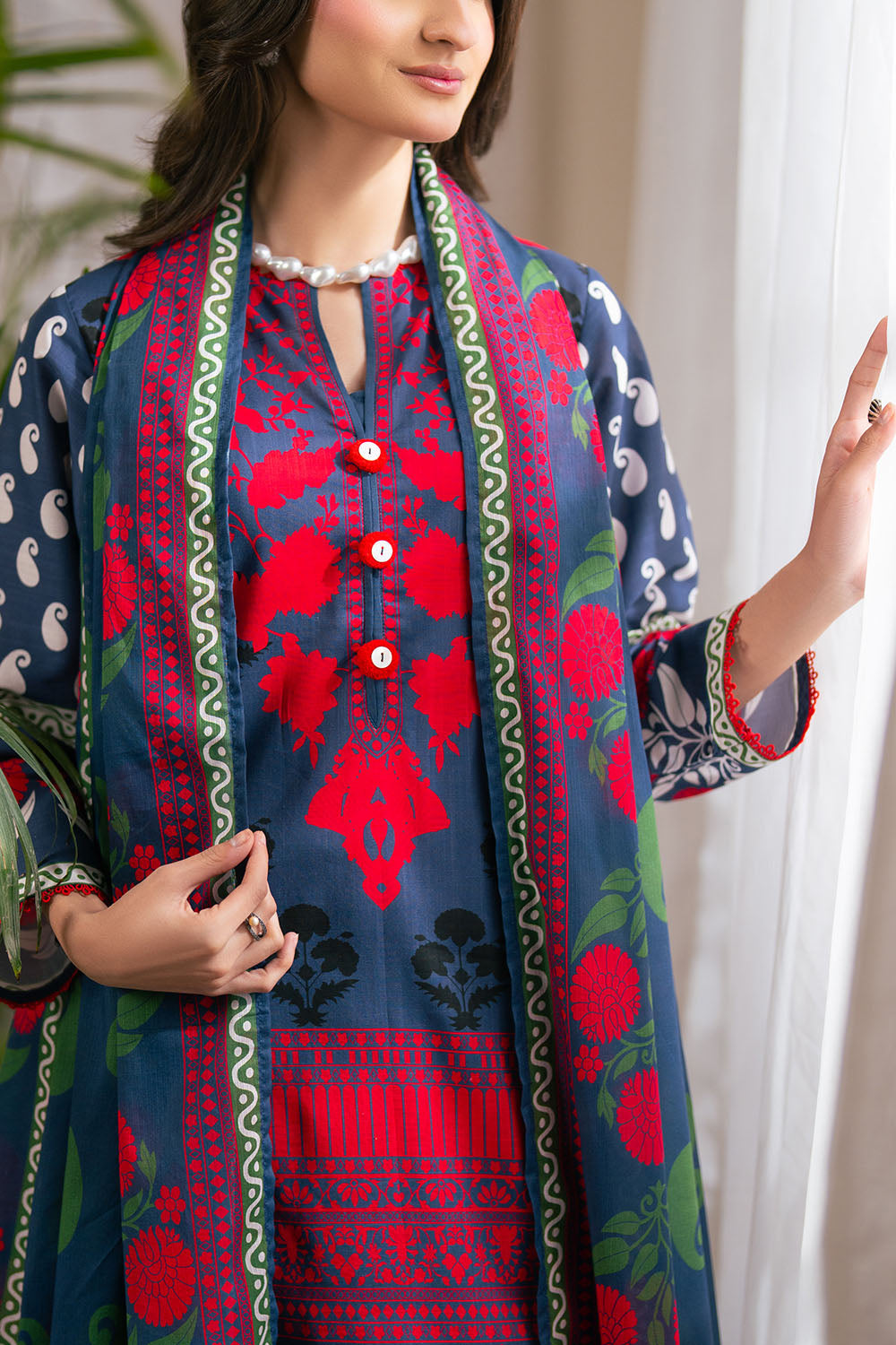 3 Piece Printed Cross Hatch Suit With Lawn Dupatta