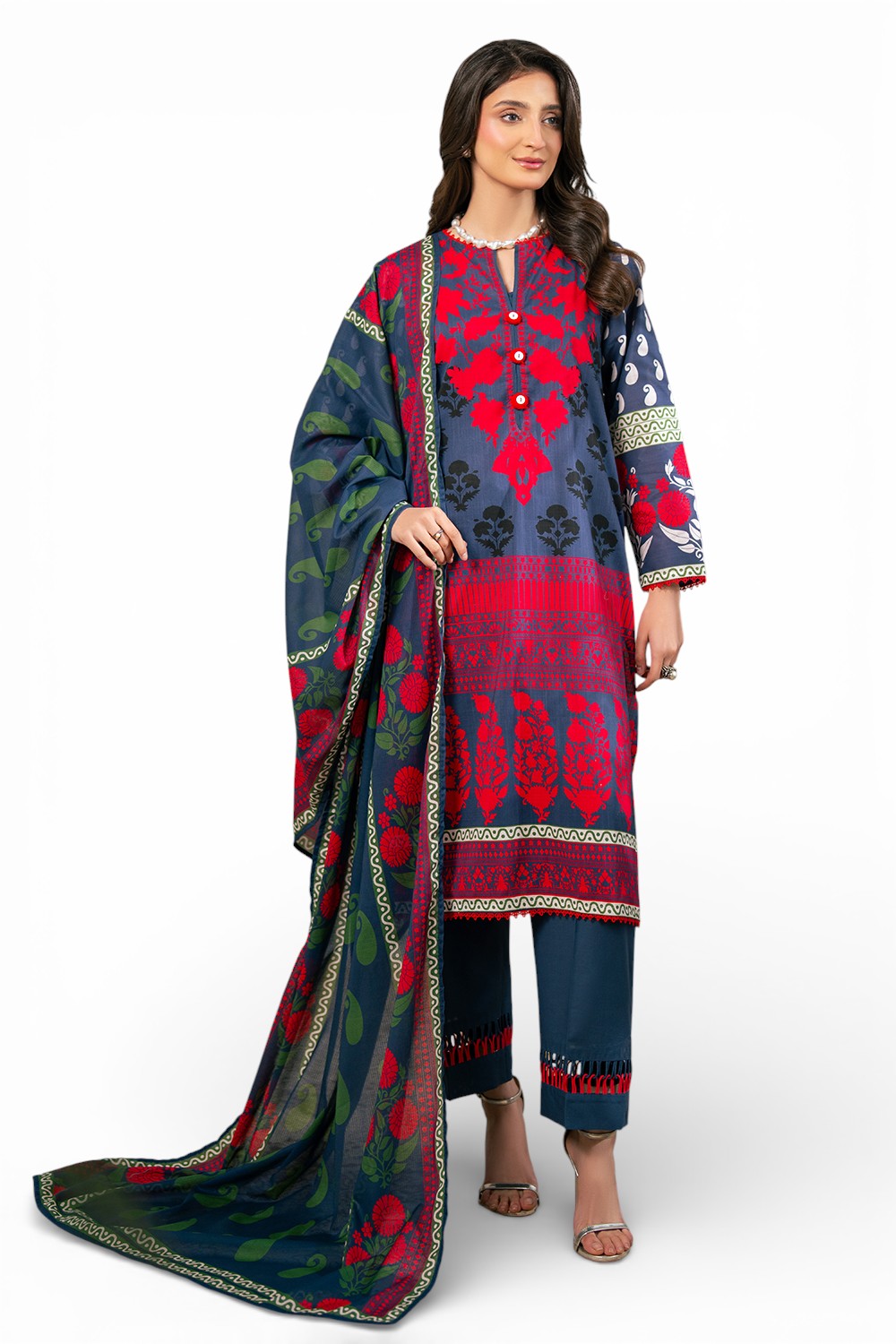 3 Piece Printed Cross Hatch Suit With Lawn Dupatta