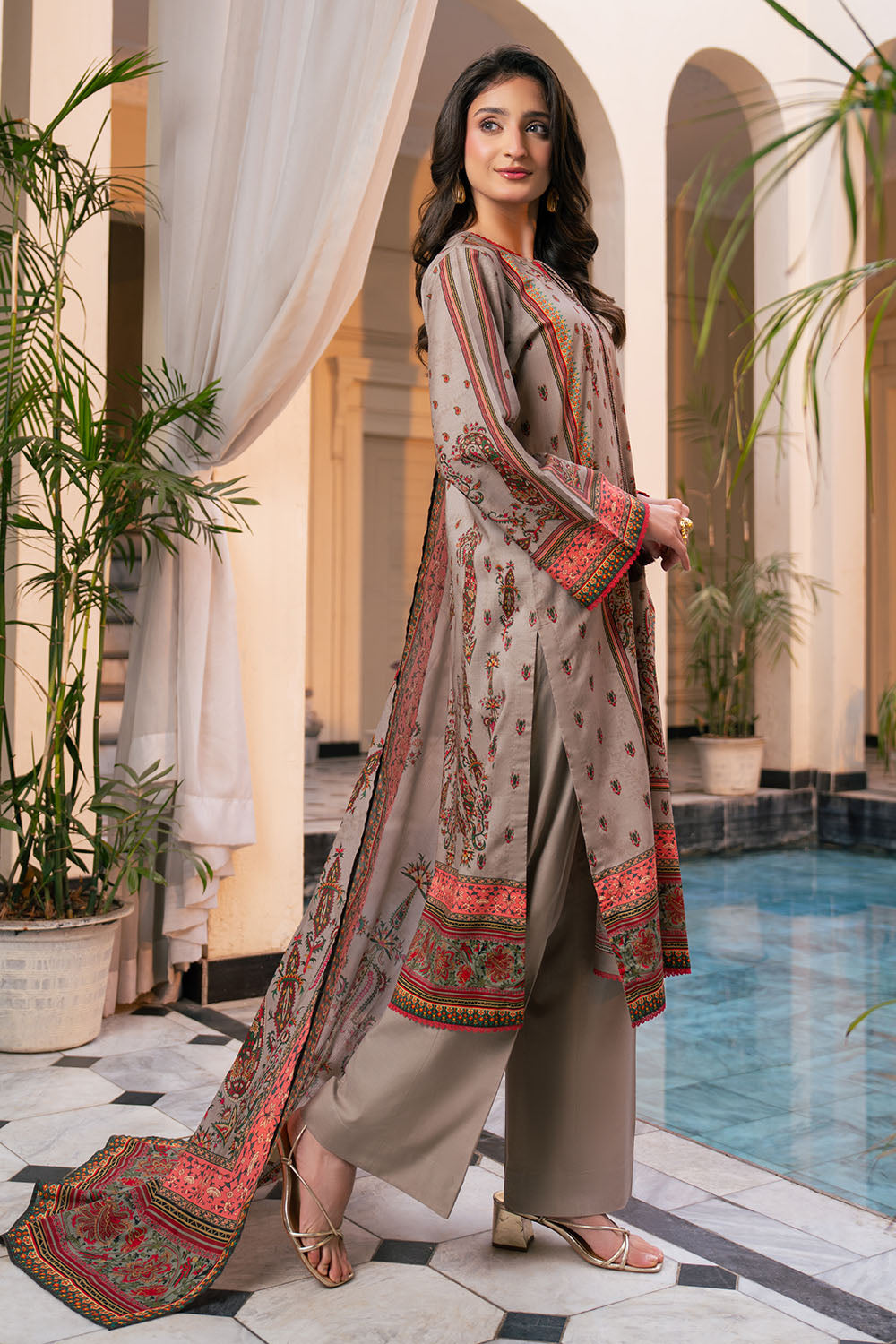 3 Piece Printed Cross Hatch Suit With Lawn Dupatta