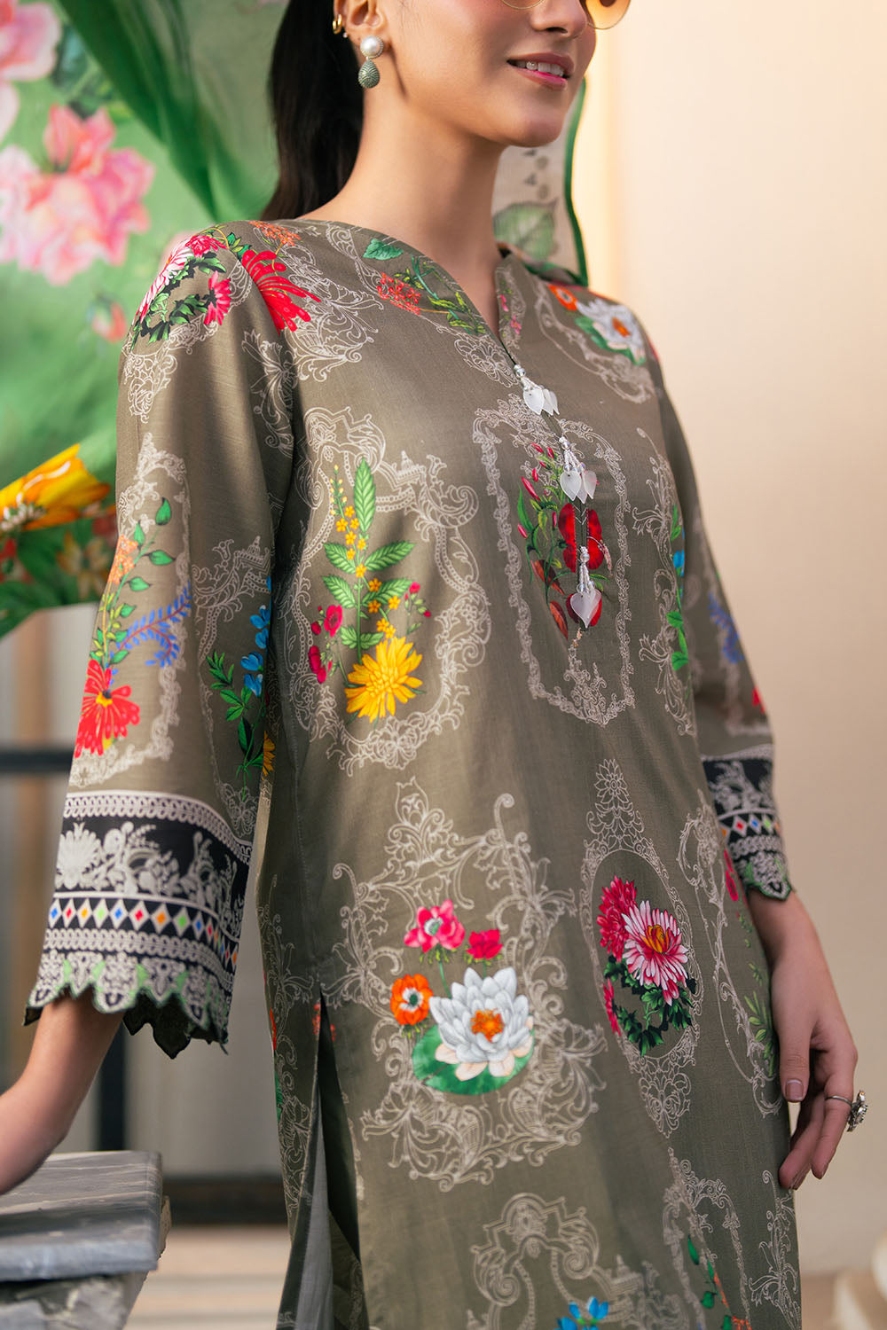 3 Piece Printed Cross Hatch Suit With Lawn Dupatta