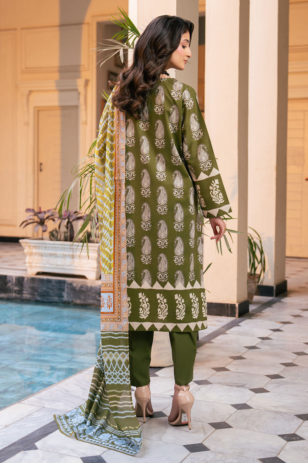 3 Piece Printed Cross Hatch Suit With Lawn Dupatta