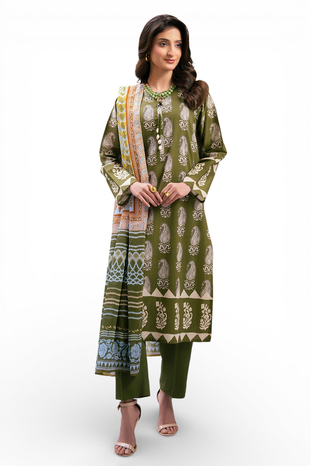 3 Piece Printed Cross Hatch Suit With Lawn Dupatta