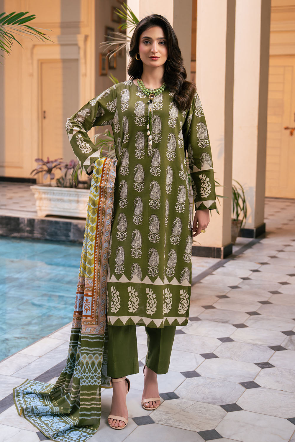 3 Piece Printed Cross Hatch Suit With Lawn Dupatta
