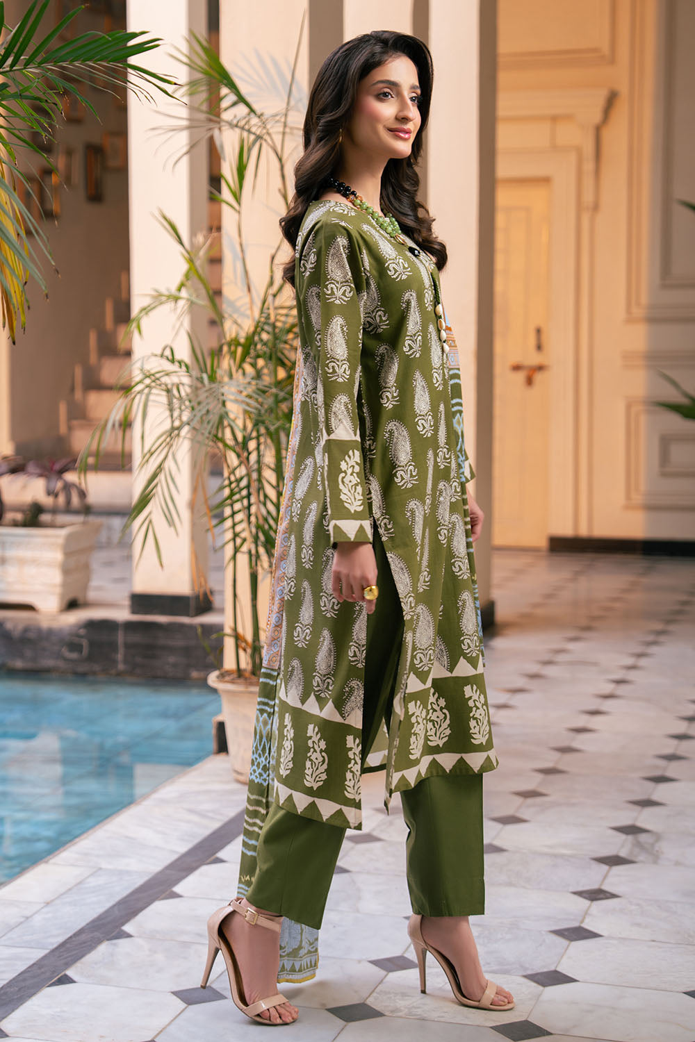 3 Piece Printed Cross Hatch Suit With Lawn Dupatta