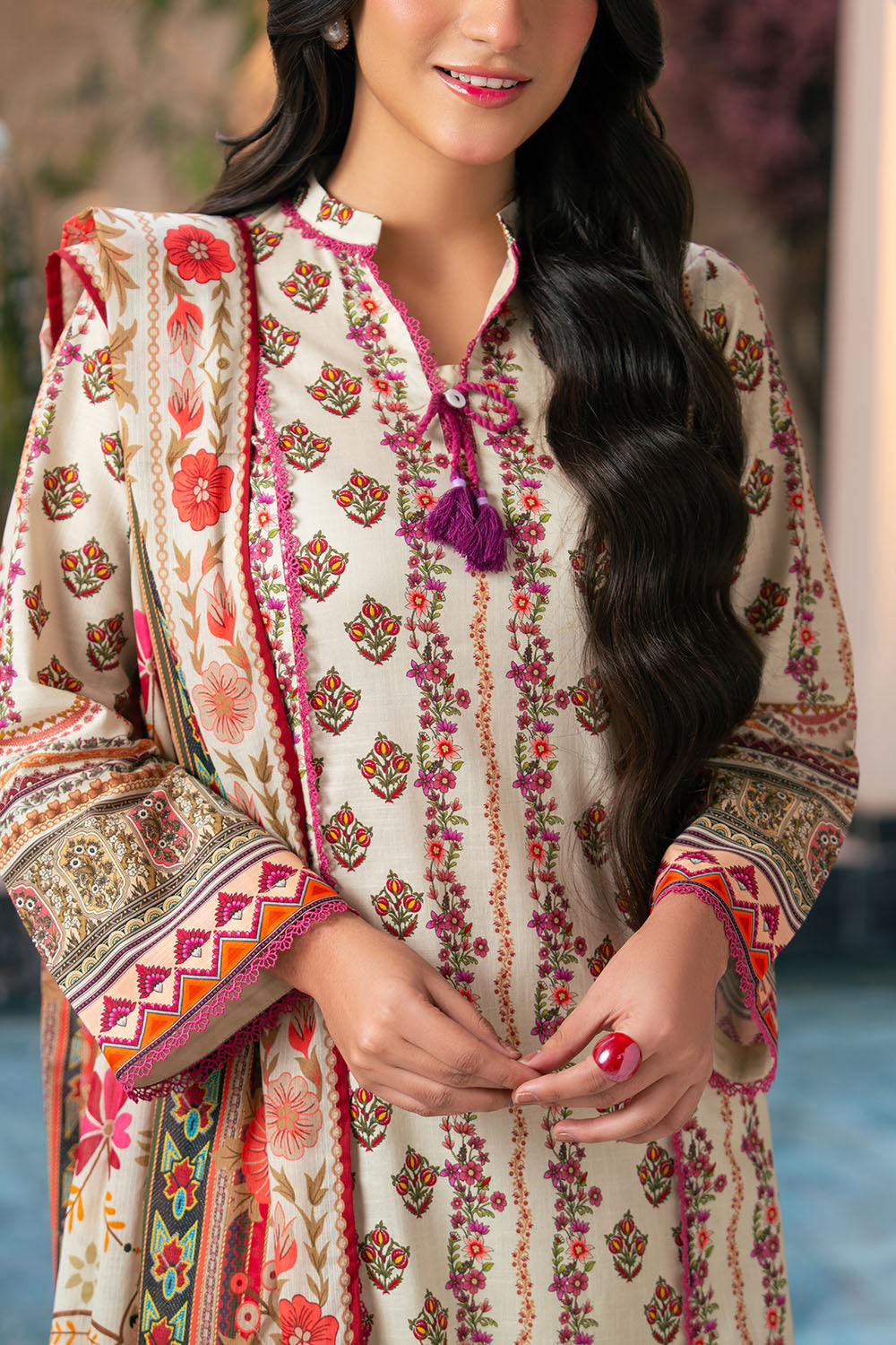 3 Piece Printed Cross Hatch Suit With Lawn Dupatta