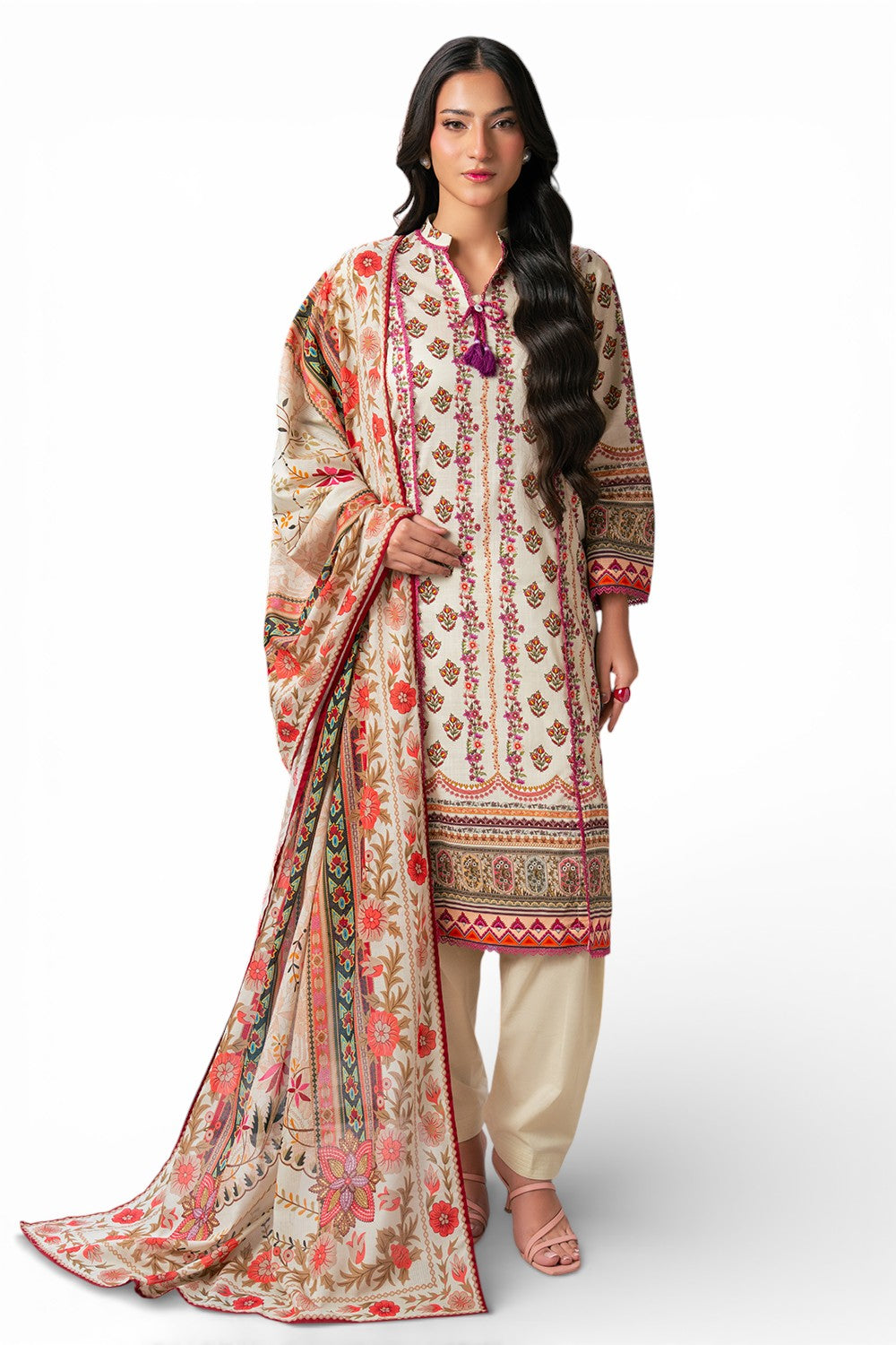 3 Piece Printed Cross Hatch Suit With Lawn Dupatta
