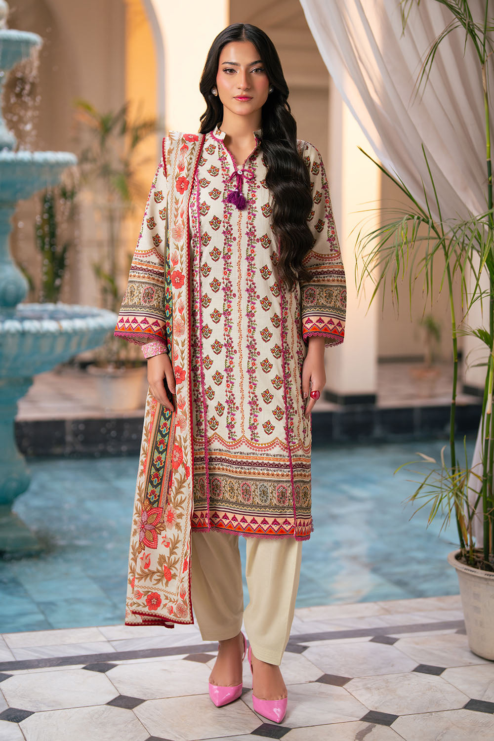 3 Piece Printed Cross Hatch Suit With Lawn Dupatta