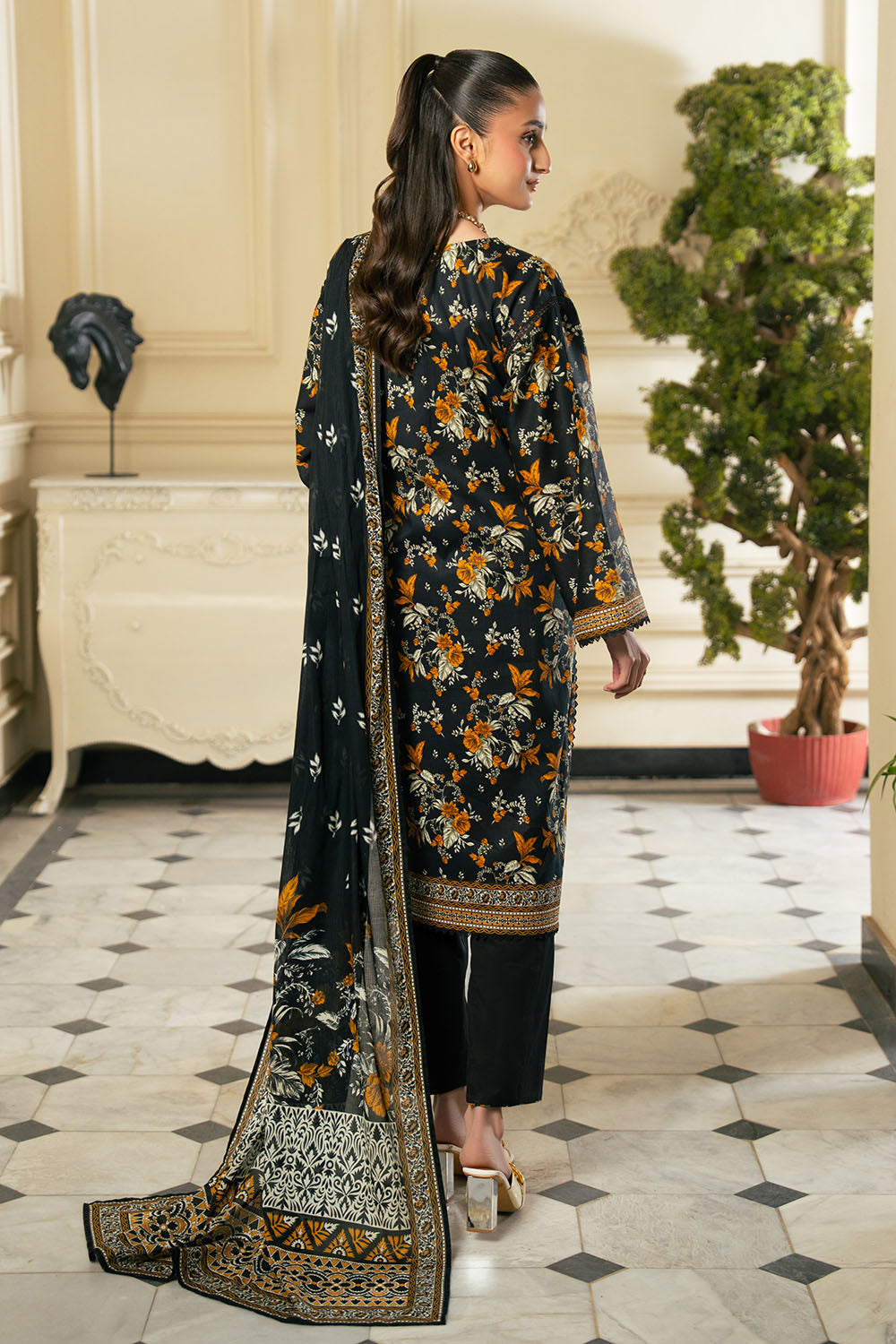 3 Piece Printed Cross Hatch Suit With Lawn Dupatta
