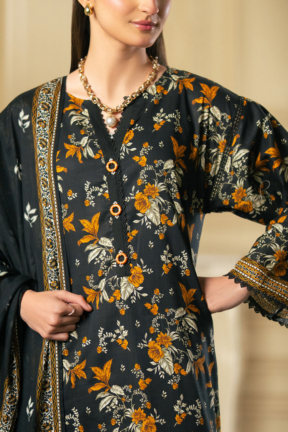 3 Piece Printed Cross Hatch Suit With Lawn Dupatta
