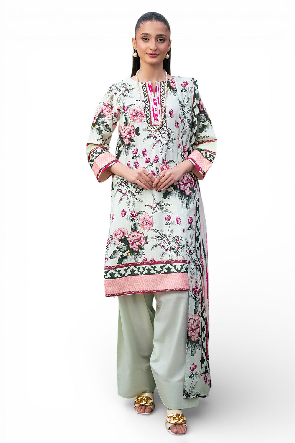 3 Piece Printed Cross Hatch Suit with Lawn Dupatta