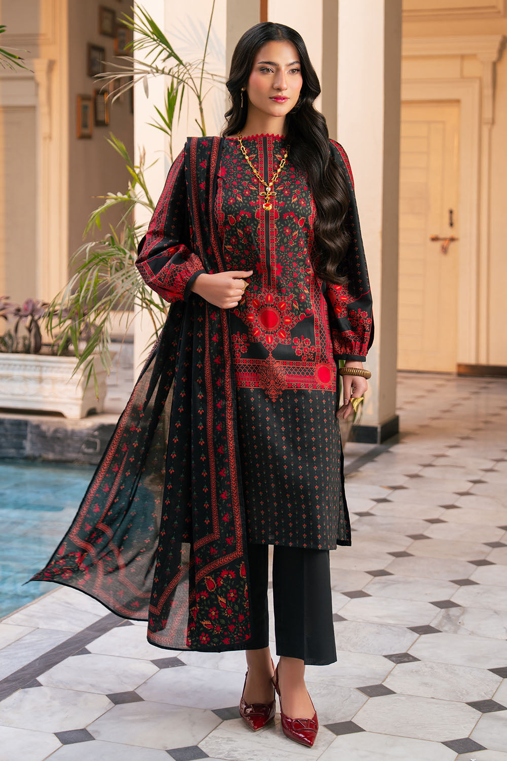 3 Piece Printed Cross Hatch Suit with Lawn Dupatta