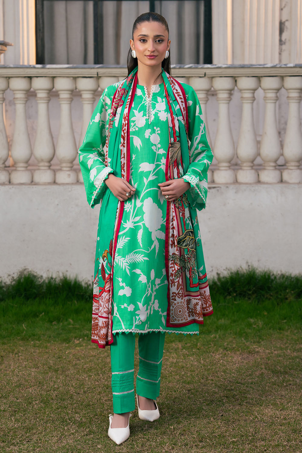 3 Piece Printed Cross Hatch Suit With Lawn Dupatta