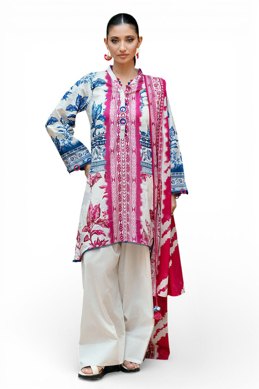 3 Piece Printed Cross Hatch Suit With Lawn Dupatta