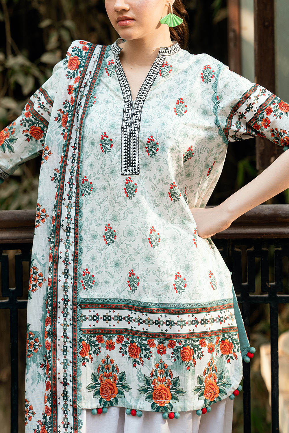 3 Piece Printed Cross Hatch Suit With Lawn Dupatta