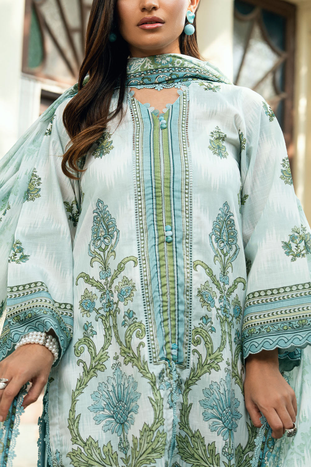 3 Piece Printed Cross Hatch Suit With Lawn Dupatta