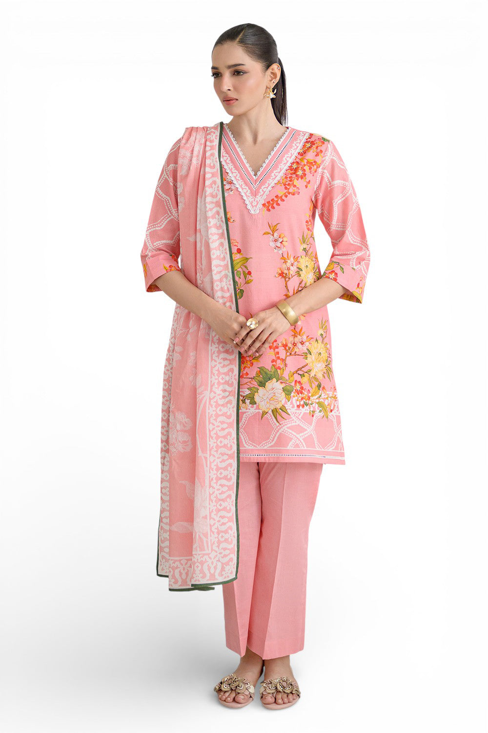 3 Piece Printed Dobby Suit With Printed Lawn Dupatta And Dyed Trouser