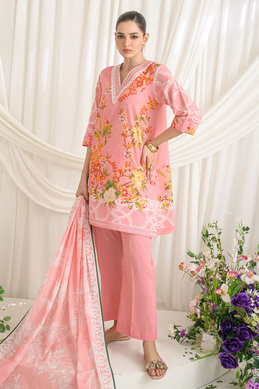 3 Piece Printed Dobby Suit With Printed Lawn Dupatta And Dyed Trouser