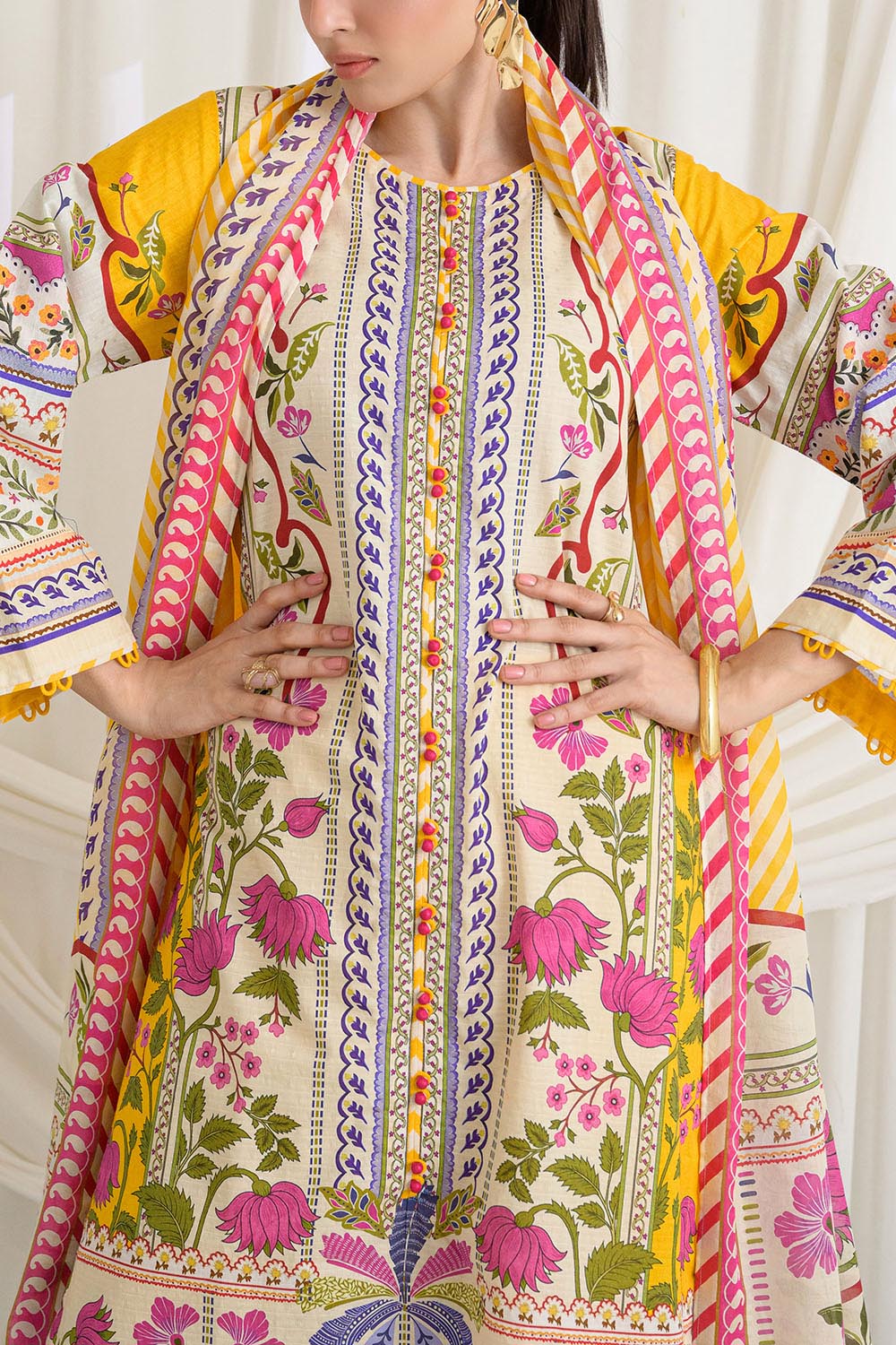 3 Piece Printed Dobby Suit With Printed Lawn Dupatta And Dyed Trouser
