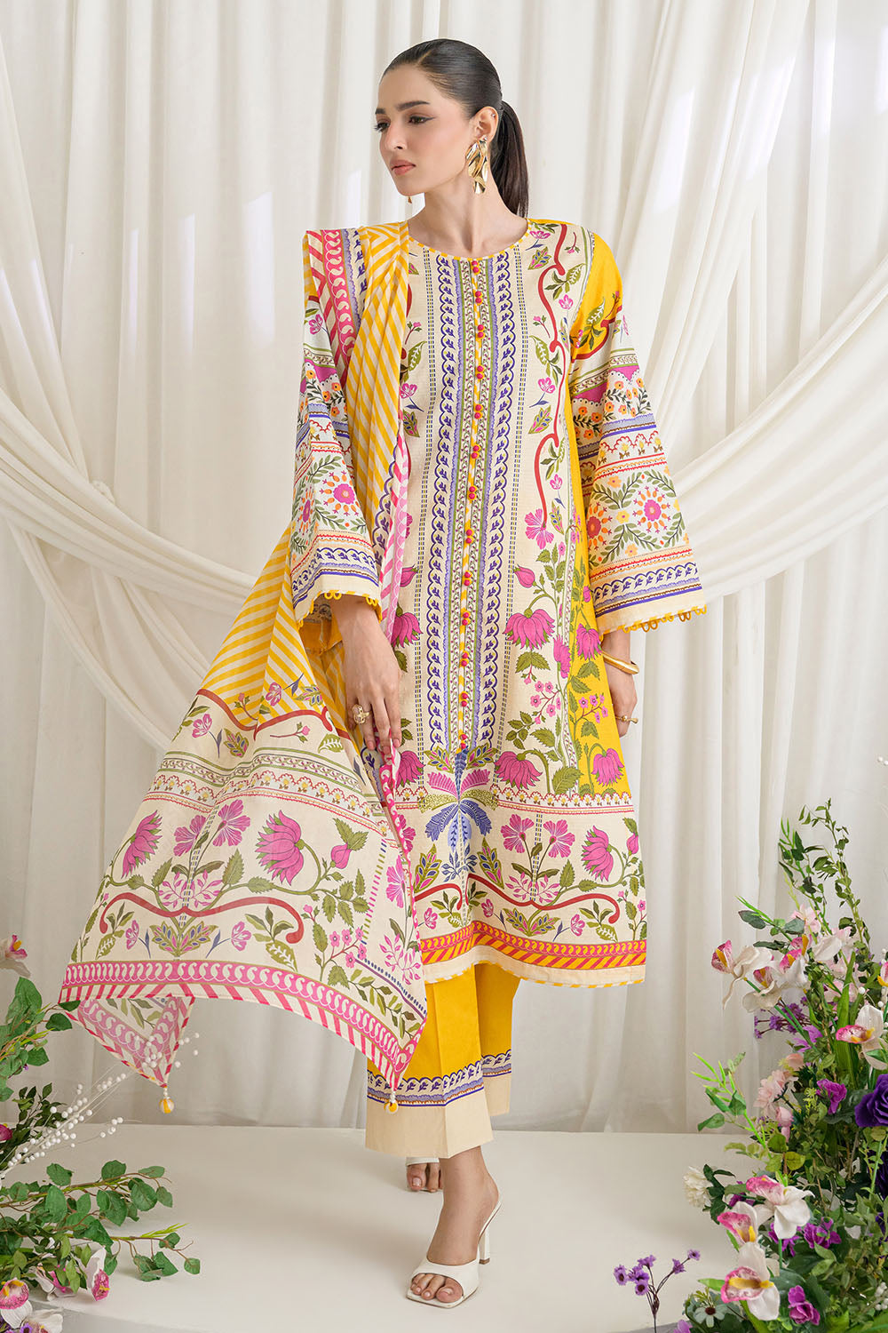 3 Piece Printed Dobby Suit With Printed Lawn Dupatta And Dyed Trouser