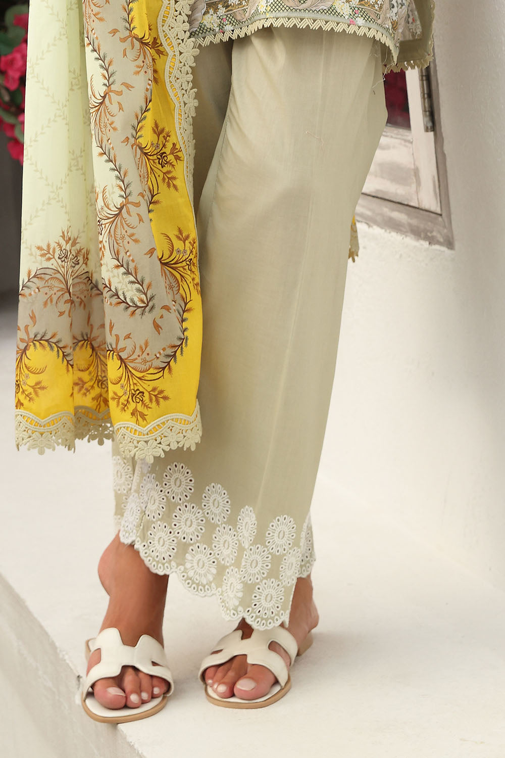 3 Piece Printed Lawn Suit with Printed Lawn Dupatta and Embroidered Schiffli Trouser Border