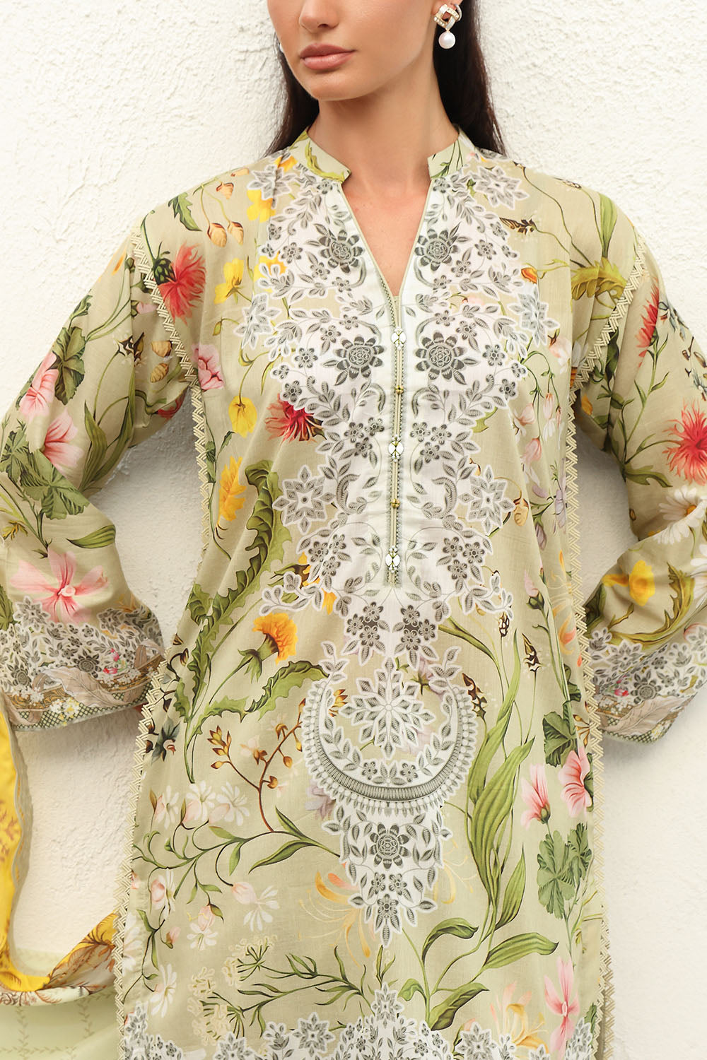3 Piece Printed Lawn Suit with Printed Lawn Dupatta and Embroidered Schiffli Trouser Border