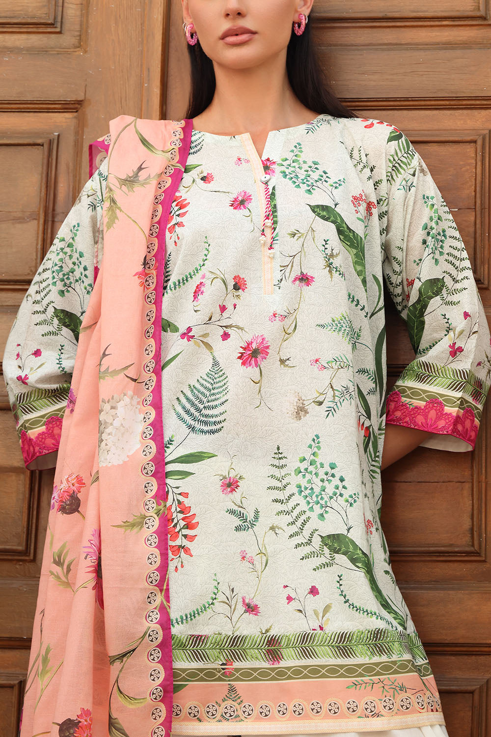3 Piece Printed Lawn Suit with Printed Lawn Dupatta and Embroidered Neckline and Sleeve Laces