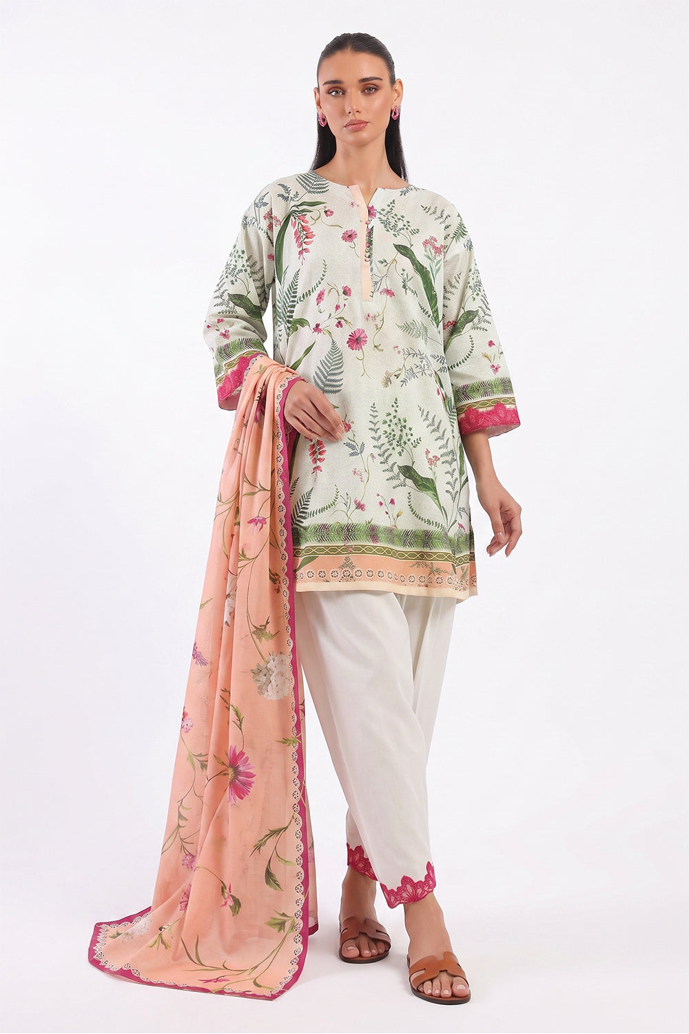 3 Piece Printed Lawn Suit with Printed Lawn Dupatta and Embroidered Neckline and Sleeve Laces
