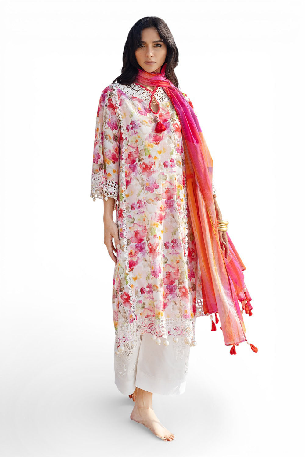 3 Piece Schiffli Embroidered Printed Lawn Suit with Lace Dupatta