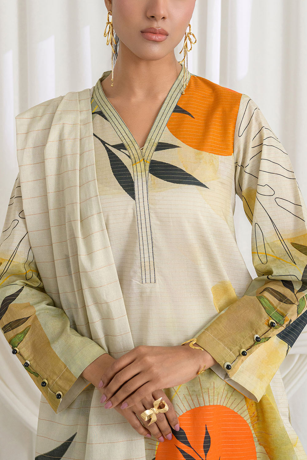 3 Piece Printed Mehsuri Stripe Lawn Suit With Printed Mehsuri Stripe Lawn Dupatta And Dyed Trouser