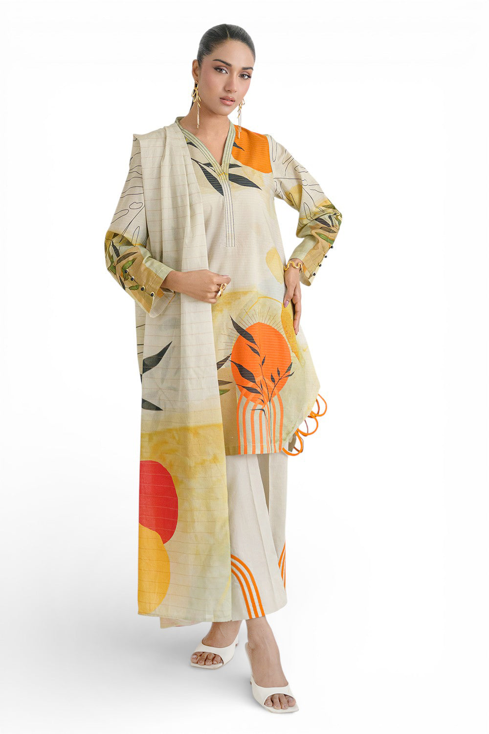 3 Piece Printed Mehsuri Stripe Lawn Suit With Printed Mehsuri Stripe Lawn Dupatta And Dyed Trouser